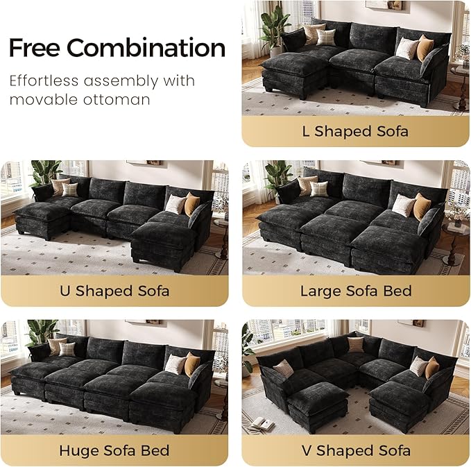 KKL 91.3 Large Modular Sectional Sofa Bed 6 Seater Convertible J/L-Shaped Sleeper Cloud Couch with Ottoman Chenille Sectional Couches for Living Room Apartment Black