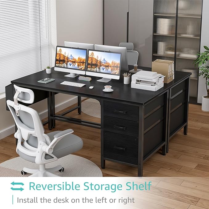 Lufeiya Computer Desk with Fabric File Drawers Cabinet 55 Inch Reversible Home Office Desks with Filing Cabinet Study Writing Table PC Desks with Storage for Bedroom Black