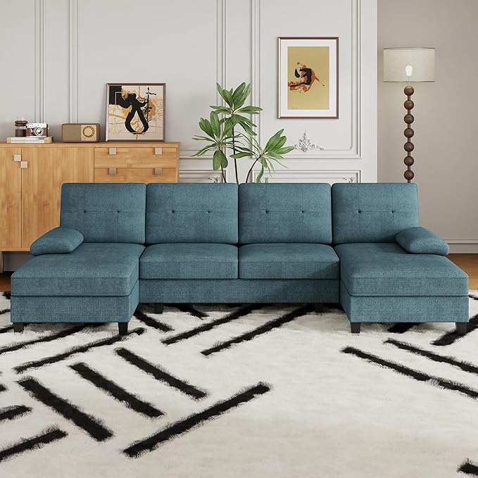 JAMFLY 107 U-Shaped Modern Sofa Modular Sectional Cloud Couch with Chaise 4-Seat Deep Seat Sofa for Living Room Bedroom and Apartment Blue