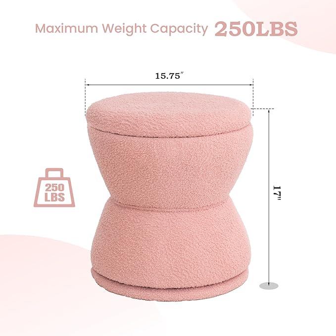 DHMAKER Round Storage Ottoman Swivel Teddy Vanity Stool ChiarModern Sherpa Footstool Makeup Chair Upholstered Footrest for Living Room Bedroom EntrywayPink