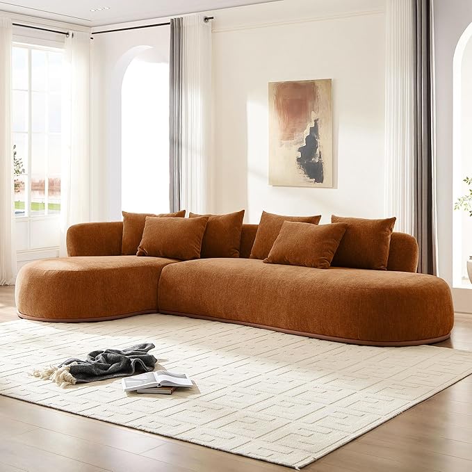 kevinplus 134.63'' Large Sectional Curved Sofa Couch with Chaise Lounge for Living Room Oversize L-Shape Modern Sectional Sofa Couch Wood Structure &amp Easy Assembly (Left-Facing Orange)