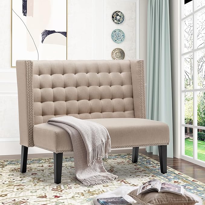 Tongli 46 Small Modern Loveseat Settee Sofa 2-Seat Sofa Couch Tufted Love Seat Dining Bench with Nail Head Trim Back Banquette Sofas for Living Room Small Space Entryway Hallway Khaki