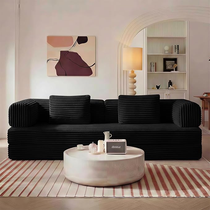 Convertible Sleeper Sofa Bed Folding Floor Mattress Couch with Fixed-Shape Frame Futon Boneless Couch Lounge Loveseat with Pull Out Bed No Assembly Required Black
