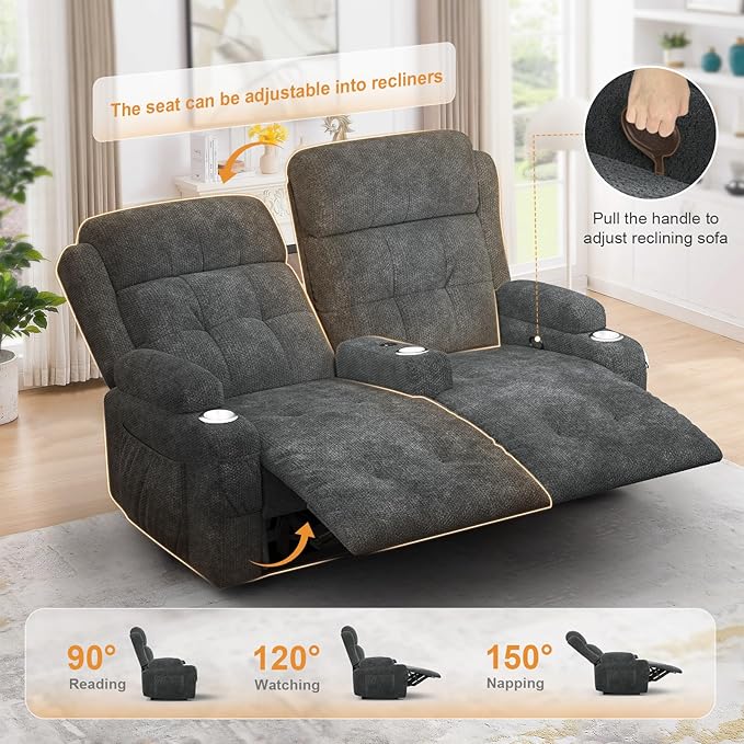 Reclining Loveseat 55.1 RV PU Leather Wall Hugger Recliner Love Seats Sofa with Charging Station Removable Armrest Cup Holder Double Recliners Couch Manual Love Seat for Living Room | Massage Re