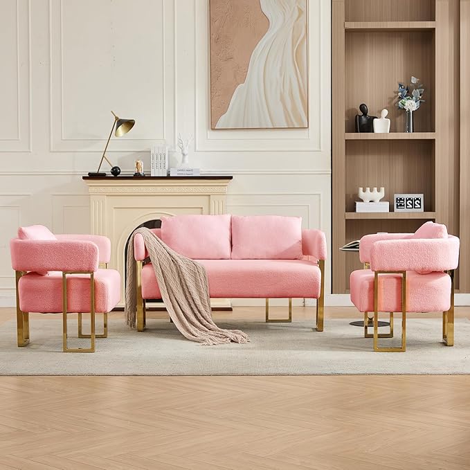 YISHENG Loveseat Sofa Modern Accent Chairs for Living Room with Golden Metal Legs Soft Teddy Upholstered Reading Armchairs no Wheels for Reception Room//Bedroom/Lounge/Office Pink