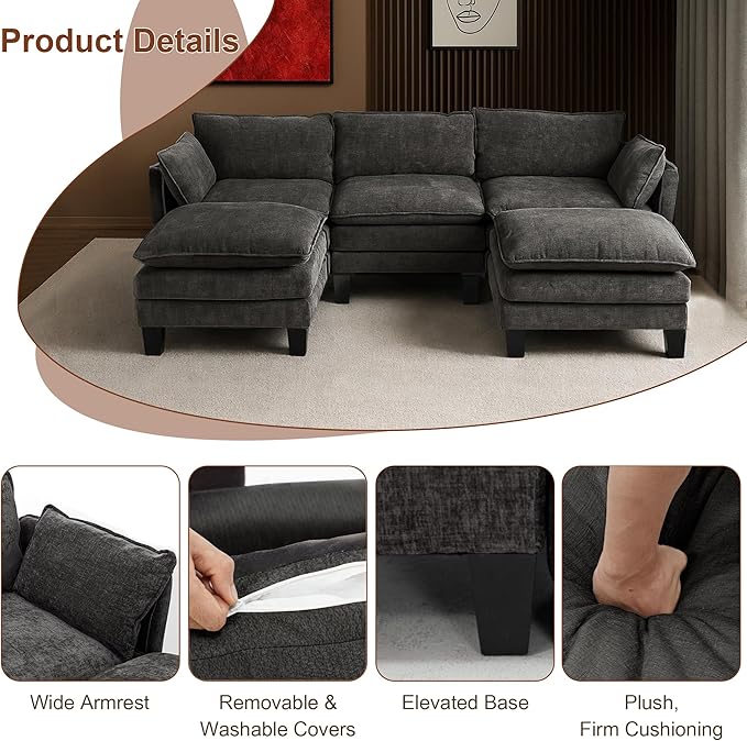 111” Modular Sectional Sofa L Shaped Cloud Couch with Ottoman Chenille Deep Seat Sofa with Pillow for Living Room Bedroom and Apartment5 Seats Grey