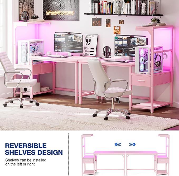 Grandder Gaming Desk 41 Inch with CPU Stand and LED Light Computer Desk with Reversible Shelves and Storage Drawer Pc Small Desk for Home Office Table with Bag Pink