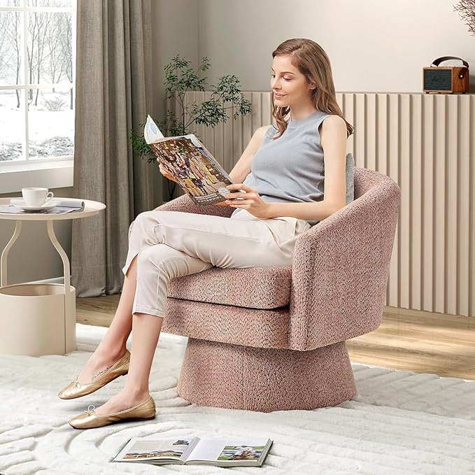 Modern Swivel Accent Chair 360° Upholstered Barrel Chair with Armrests Comfy Round Armchair Single Sofa for Living Room Bedroom or Office Pink