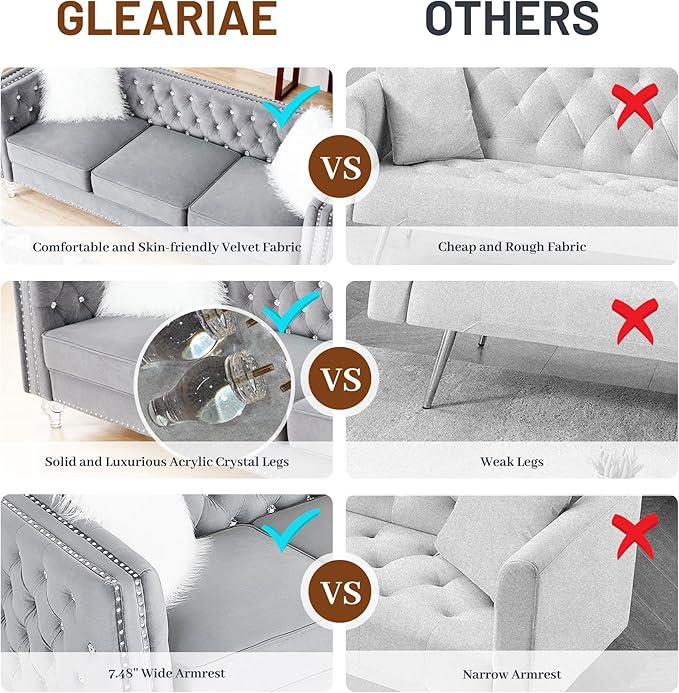 Luxury 3 Seater Sofa Couch with Acrylic Crystal LegsChesterfield 3-Seater SofasModern 83 Diamond Button Tufted 3 Seat Couches with Silver Nailhead Trim for Living Room (Gray 3 Seater)