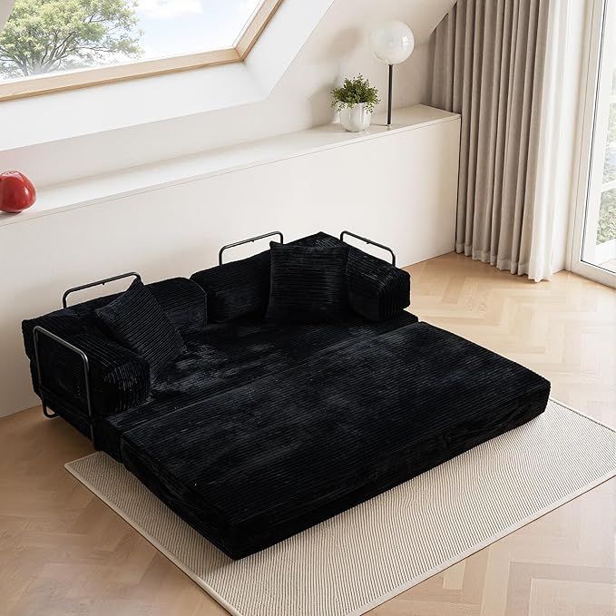 4-in-1 Folding Convertible Sofa Bed 81 Boneless Couch with Pillow Back Support Armrest Corduroy Loveseat Sleeper Compression Couch Floor Sofas Futon for Living RoomBlack