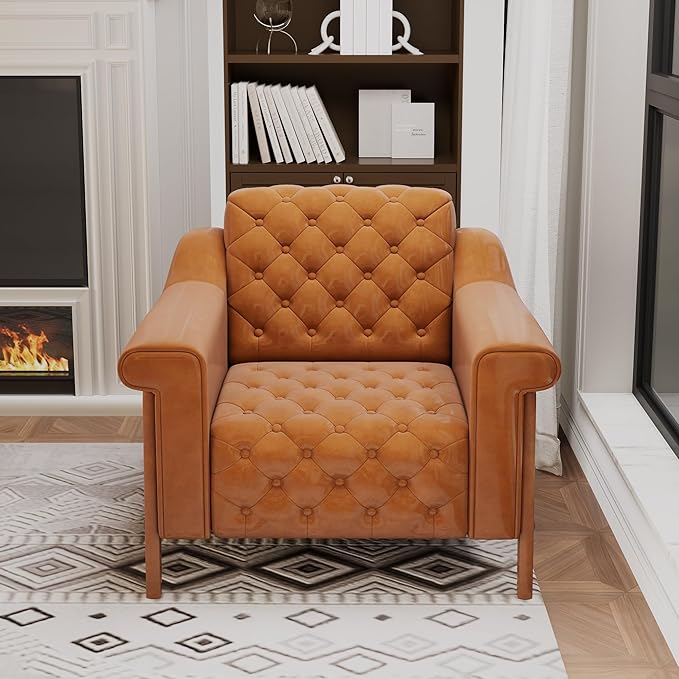 EJUNQ Cozy Accent ChairPU Leather Modern Living Room ChairsMid-Century Office Reading ChairSingle SofaArmchair for Bedroom Apartment Waiting Room(Brown1)
