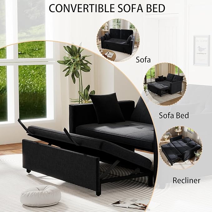 Pull Out Sofa Bed: 56 Black 3 in 1 Convertible Sleeper Sofa Bed Velvet Loveseat Sleeper Couch with Storage Comfy Futon Couch Beds for Living Room | Velvet