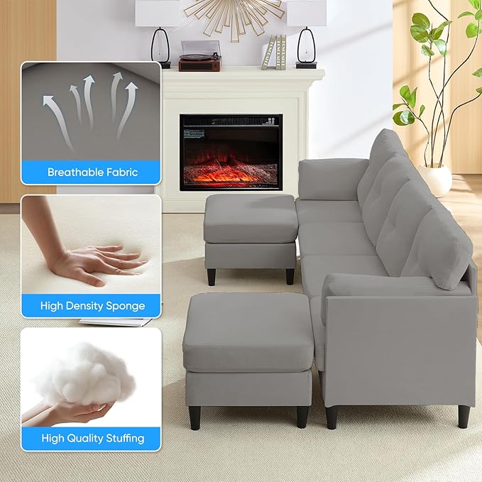 PUREMIND Sectional Home Sofa Living Room Modern U-Shaped Sofa Couches with Double Chaise Upholstered 4 Seater Sofa for Living Room Apartment Light Grey