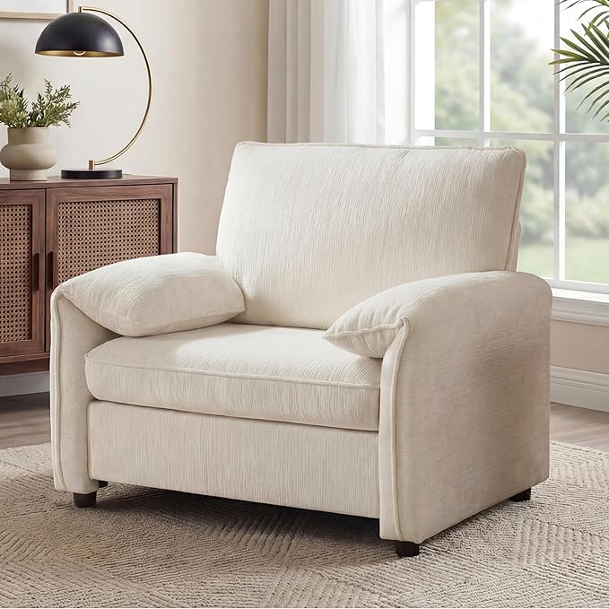 Oversized Accent Chair Modern Armchair for Living Room Wide Reading Chair w/Deep Seat Springs Cushion Chenille Armchair w/Pillow Arm Single Sofa Chair for Bedroom Apartment Office Beige