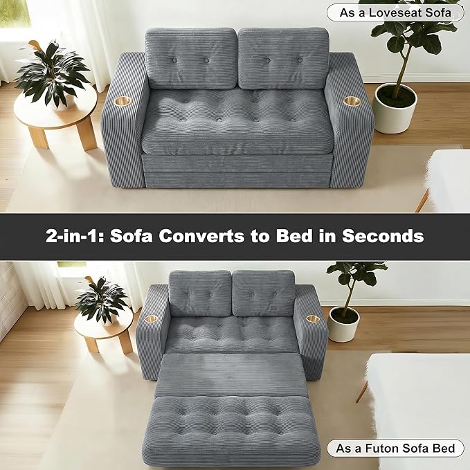 55 Futon Sofa Bed 4‑in‑1 Convertible Sofa Bed Folding Boneless Couches for Living Room Fold Out Small Foldable Loveseat Floor Sleeper Comfy Mattress Lounge Space‑Saving Grey