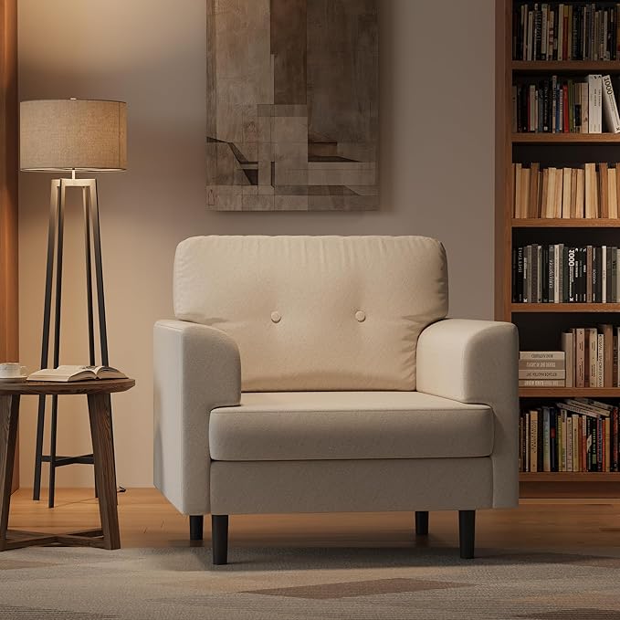 Garvee 38 Wide Armrest Accent Chair Linen Upholstered Reading &amp Lounge Chair for Living Room Bedroom Office &amp Reading Nook High-Density Foam Comfortable Single Sofa Chair（Beige）