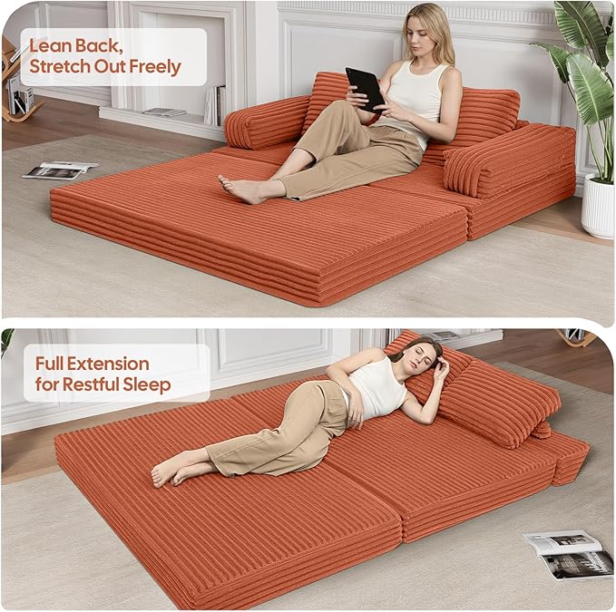 MeMoreCool Convertible Sofa Bed Folding Floor Couch Bed Queen Pull Out Sleeper Couch with Pillows Fold Out Futon Sofa for Bedroom Living Room Small Space Corduroy Orange