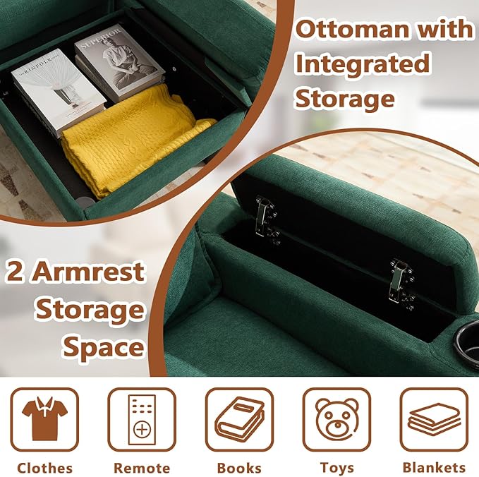 (New) 3 Seater Couch with Ottoman Grey Couch with Removable Pillows Chenille Sofas with USB Cup Holders Side Pockets L Shaped Sofa for Living Room Apartment (Green)