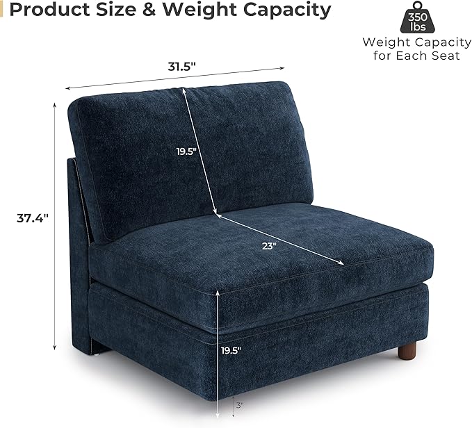 SITJOY Oversized Sectional Couches for Living Room Extra Large Deep Seat Couch with Washable Covers Chenille in Blue Right-Arm Connecting Armless Sectional