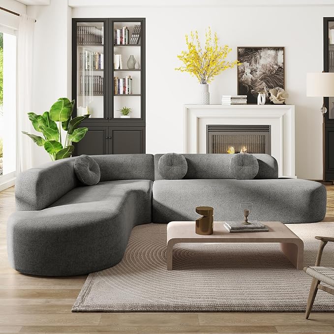 122'' Curved Sectional Cloud Sofa Modern L Shaped Couch with Chaise &amp Pillows Comfy Upholstered Deep Seat Compression Boneless Sofa for Living Room Apatment Office No Assembly Required Grey