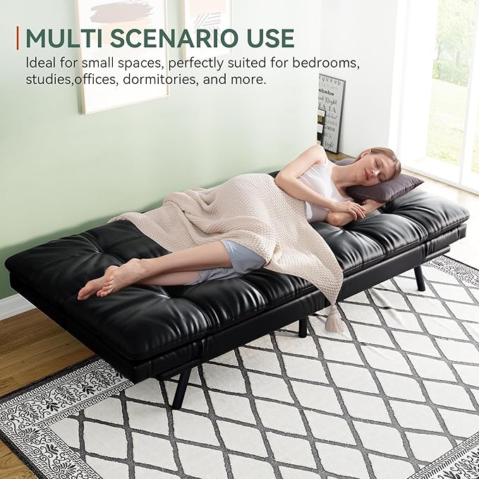 Opoiar 71 L Covertible Futon Sofa BedFaux Leather Futon Couch Memory Foam Modern Loveseat Sleeper Small Splitback Sofa Couches for Living RoomRVHome OfficeApartmentBlack