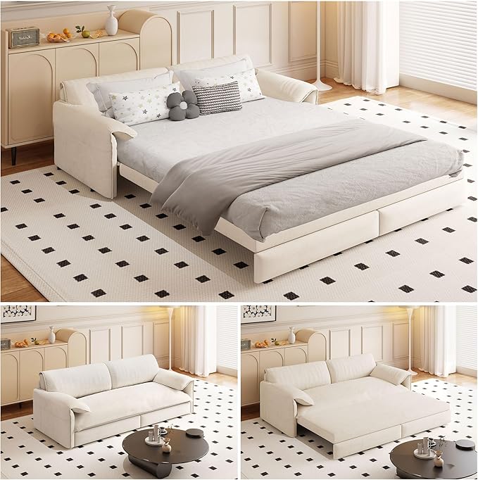 66 Queen Size Pull Out Sofa Bed 3-in-1 Convertible Sleeper with Side Storage and Wheels Velvet Loveseat for Living Room Apartment Bedroom Beige (Mattress &amp Bedding Not Included)
