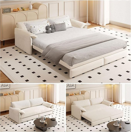 66 Queen Size Pull Out Sofa Bed 3-in-1 Convertible Sleeper with Side Storage and Wheels Velvet Loveseat for Living Room Apartment Bedroom Beige (Mattress &amp Bedding Not Included)