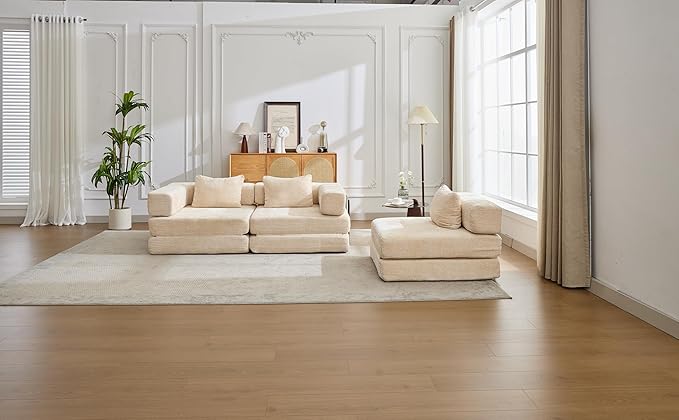 Convertible Floor Sofa Bed 3-Seat Modular Sectional Chenille Fabric No Assembly Required 118 inches Beige (3 Beige)