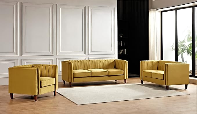 Container Furniture Modern Luxury Velvet Chair for Living Room with High Density Foam Soft Fabric Upholstery Removable Cushions and Solid Wood Legs 36.6'' Wide Armchair Mustard Yellow