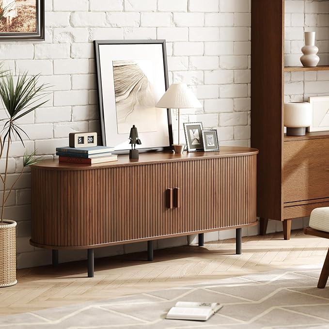 ONBRILL 55 TV Stand with Power Outlet for TVs up to 60 Inch Entertainment Center with Storage and Adjustable Shelves Modern Media Console with Sliding Doors for Living Room Walnut