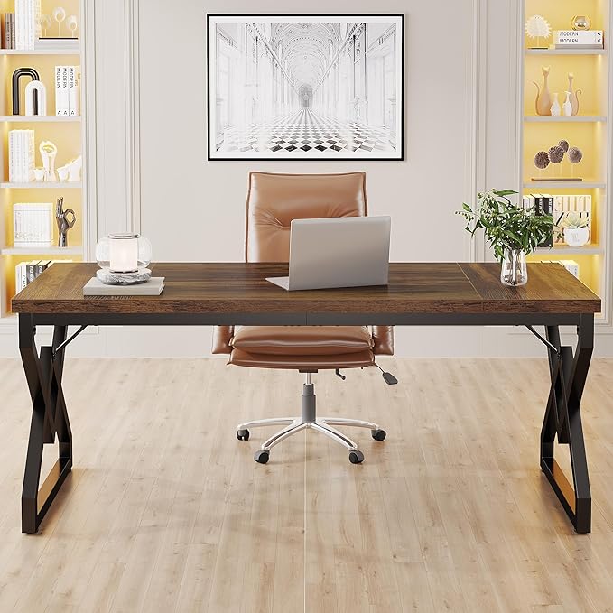 Tribesigns 63 Large Industrial Executive Desk with Extra Thickened Tabletop &amp Metal Frame Heavy-Duty 300 lb Capacity Home Office Desk for Study Room Dorm Bedroom – Vintage Brown &amp Black