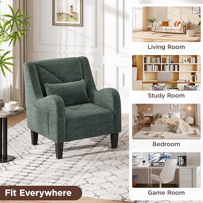 Maupvit Chenille Accent Chair for Living Room Bedroom Chair Comfy Reading Chair Upholstered Arm Chair Single Sofa Chair with Lumbar Pillow Mid Century Modern Chair for Small Spaces Green