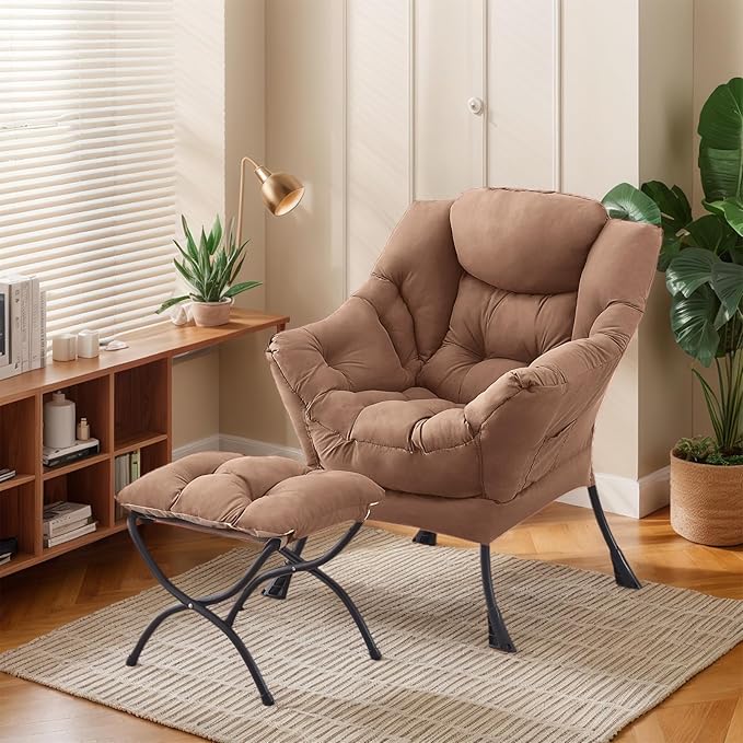 Lazy Chair with Ottoman Large Khaki Accent Chair with Ottoman Comfy Reading Armchair Leisure Sofa Chair for Living Room Bedroom Dorm Room Office