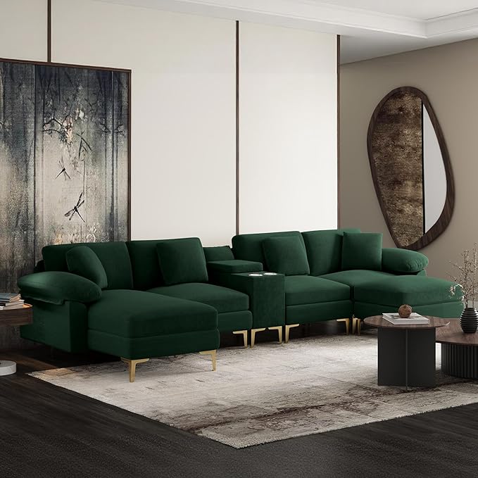 OUYESSIR U-Shaped Sectional Sofa Couch 4 Seat Sofa Set for Living Room Convertible U-Shaped Chenille Couch Set with USB Port Central Console Ottoman128 inches (Green)