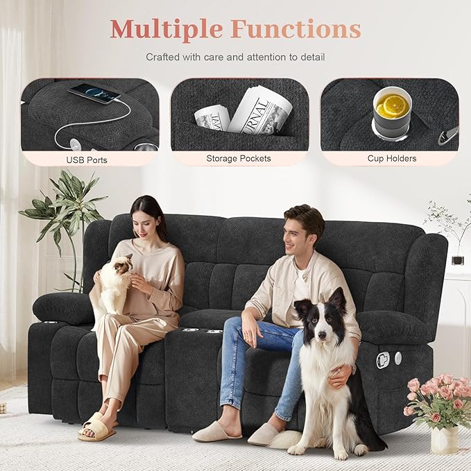 Recliner Sofa Set with 2+1 Pieces Fabric Manual Pull Tab Reclining Loveseat with Storage Console Single Recliner Chair for Living Room RV Grey