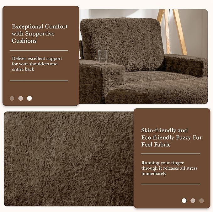 42 Oversized Chaise Lounge Chair Indoor Faux Rabbit Fur Upholstered Sleeper Chair with Storage Ottoman and Armrests Cup Holders Single Reading Couch for Living Room (Brown/19)
