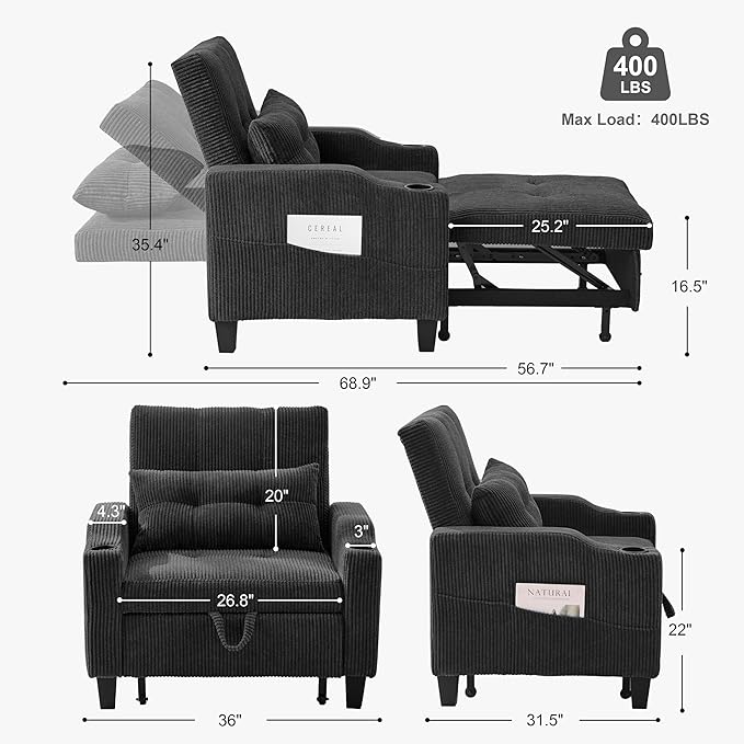 3 in 1 Convertible Sleeper Chair Corduroy Single Sleeper Sofa Bed Pull Out Sofa Bed Chair with Adjustable Backrest &amp Side Pockets for Living Room Black