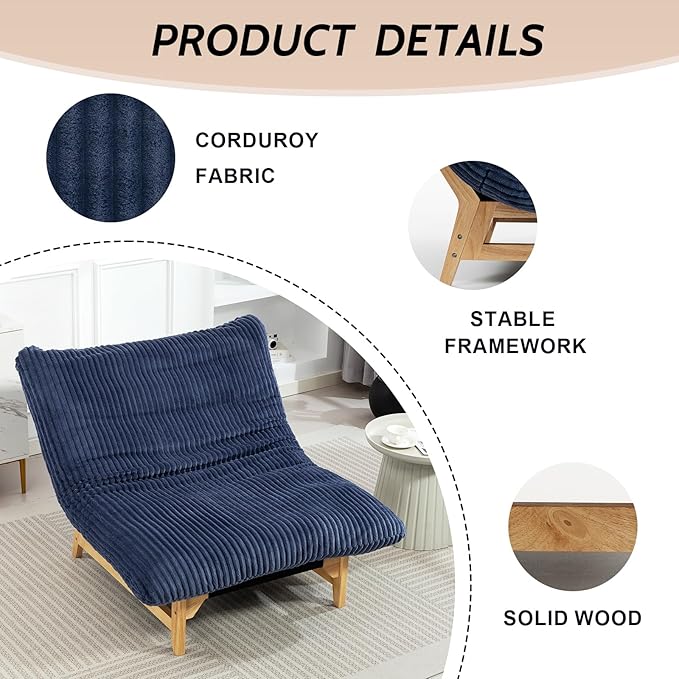 Oversized Cloud Chair with Solid Wood Base Corduroy Bean Bag Accent Chair for Adults Big Fluffy Shredded Foam Filled Reading Armchair for Bedroom Living RoomBlue