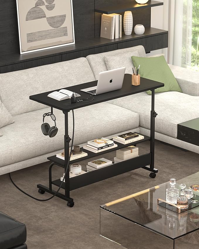 Armocity Rolling Standing Desk with Power Outlets 32 Manual Height Adjustable Mobile Computer Desk with Wheels Small Portable Sit Stand Laptop Couch Table for Bed &amp Sofa Home Office Black