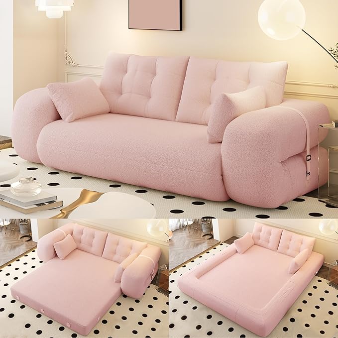 78.7 King Foldable Sofa Bed Lazy Sofa Couch 3-in-1 Multi-Functional Sleeper Sofa Bed Teddy Futon Sofa Floor Loveseat Sofa Human Dog Bed Bean Bag Lounge Recliner for Living Room Pink
