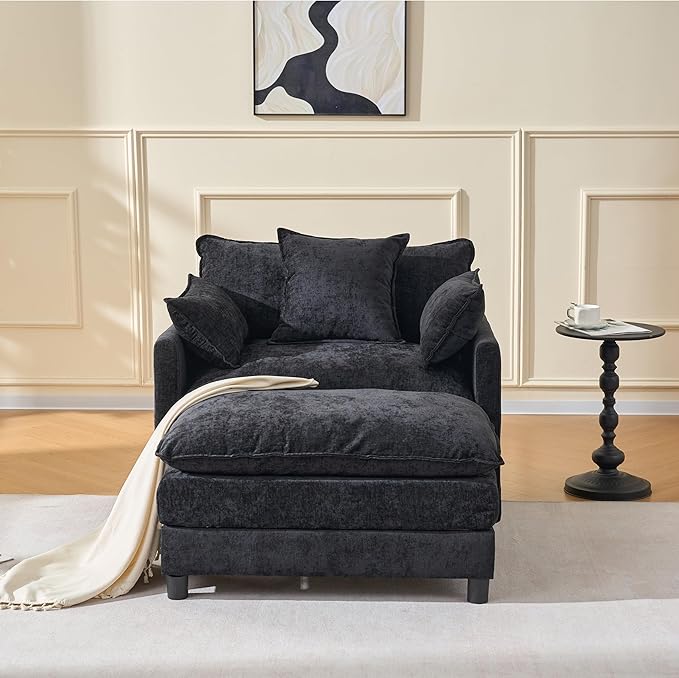 KEIKI Oversized Armchair with Ottoman Chenille Upholstered Sofa Bed Wide Accent Chair Perfect for Living Room Bedroom Apartment Black