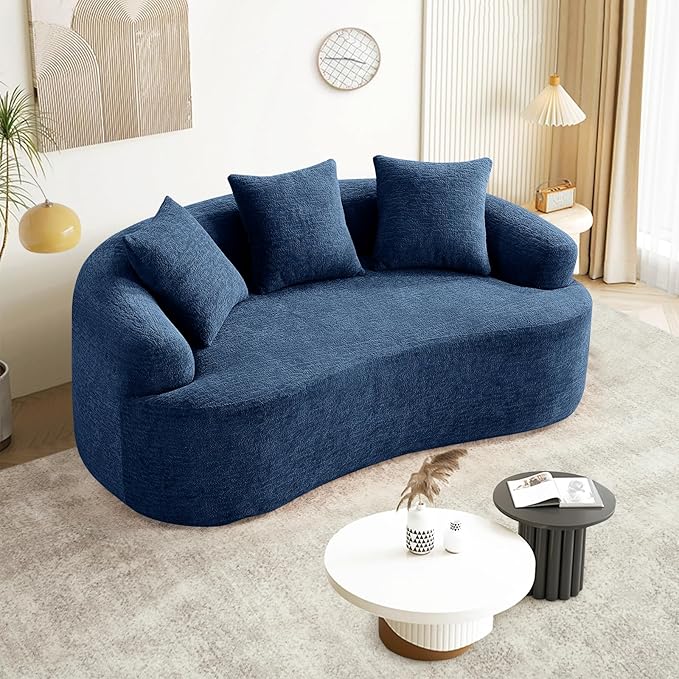 65 Curved Loveseat Sectional Sofa for Living Room Modern Plush Chenille Cloud Round Deep Seat Compressed Boneless Couch with 3 Throw Pillows for Small Apartment No Assembly Needed Blue