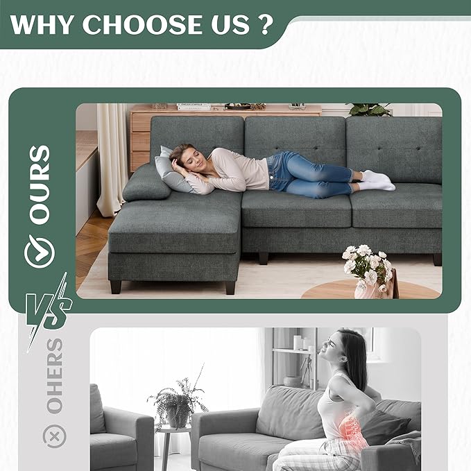 Vongrasig Sectional Couches for Living Room U-Shaped Sofa with Chaise 4-seat Large Sectional Modern Couch for Living Room Apartment (Grey)