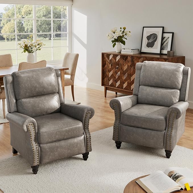 Pushback Recliner Chairs Set of 2 Faux Leather Wingback Recliner Chair Upholstered Push Back Armchair Recliner Single Sofa with Trim Wood Legs for Living Room (PU Gray)
