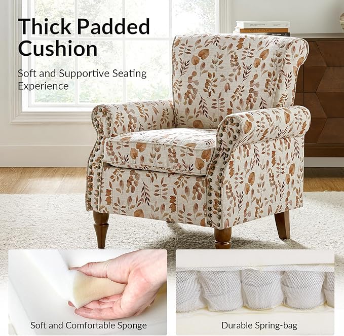 Wingback Accent Chair with Wood Legs Modern Comfy Upholstered Armchair with Removable Cushion and Nailhead Trim Floral Pattern Single Sofa Reading Chair for Living Room Bedroom