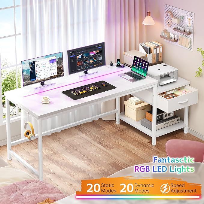 56 Inch White Desk with Drawers &amp Shelf to StorageComputer Desk with Power Outlet &amp LED LightsReversible Office Desk with Hooks for HeadphoneBagsDesk for BedroomDormTeens Study Room