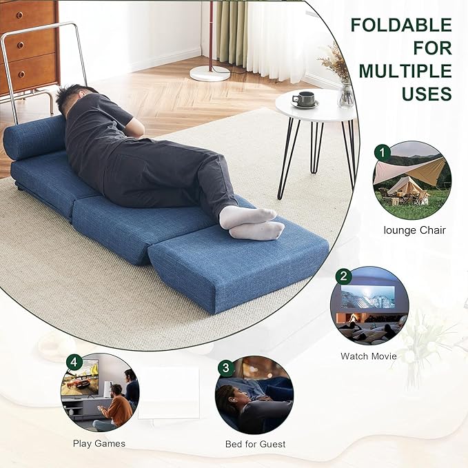 Convertible Chair Bed Sleeper&amp Floor Futon Sofa Bed Chair Fold Out Sleeper Chair Bed with Pillow Single Sofa Chair for Bedroom Living Room Small Space (Blue)