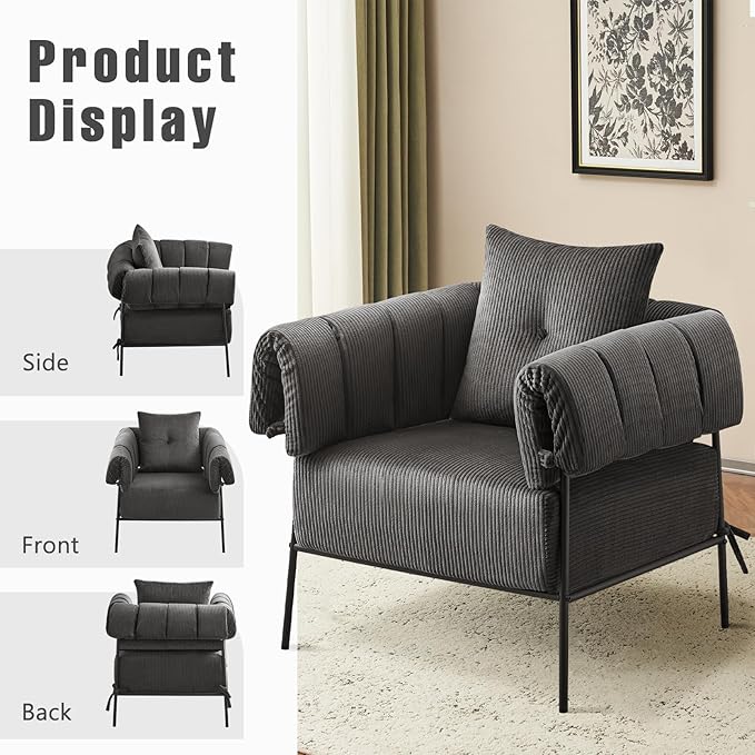 Furniliving Comfy Accent Chairs Modern Chairs for Bedroom with Pillow Lounge Chair Reading Chair with Metal Frame Upholstered Accent Chairs for Living Room Side Chair Soft Cushion Corduroy Grey