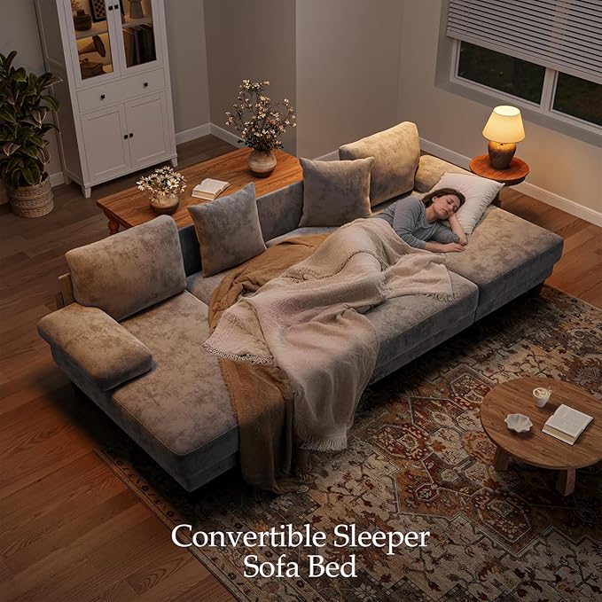 Txtin's Sleeper Sofa with Pull Out Couch Bed | 112 Inch Couches for Living Room | U-Shaped Convertible Sofa Bed | Chenille Light Grey