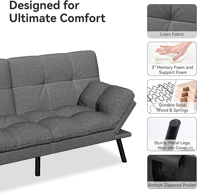 Vipbear Convertible Futon Sofa BedGrey Linen Futon Couch with Detachable CushionAdjustable Backrest &amp ArmrestModern Small Recliner Loveseat Sleeper Couch for Living RoomOfficeApartment
